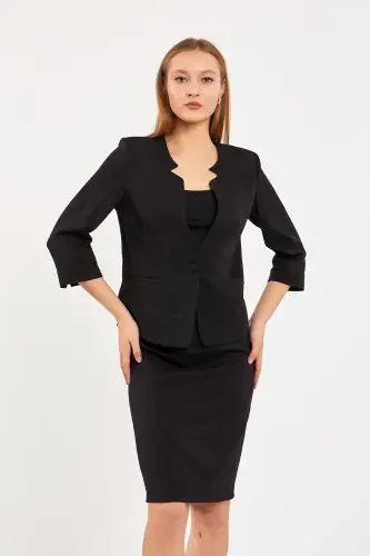 Half Sleeve Jacket Skirt Suit-Black - 2