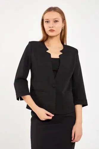 Half Sleeve Jacket Skirt Suit-Black - 4
