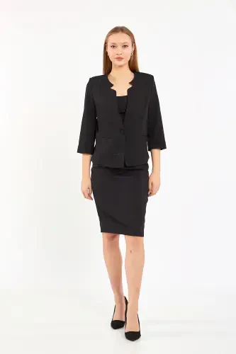 Half Sleeve Jacket Skirt Suit-Black - 5