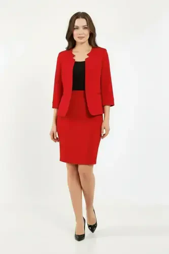 Half Sleeve Jacket Skirt Suit-RED - 1