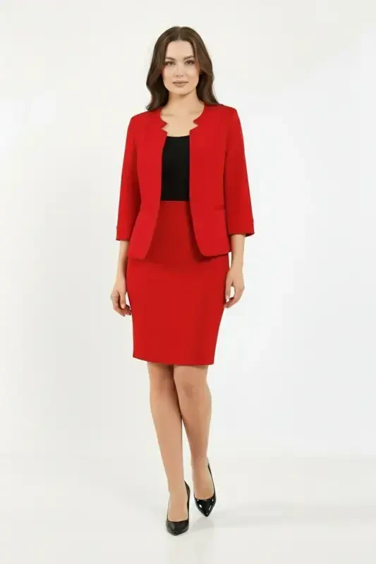 Half Sleeve Jacket Skirt Suit-RED - VOLANLI