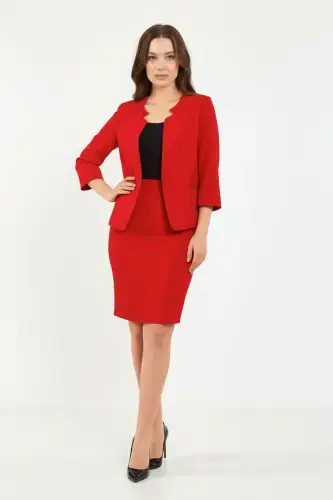 Half Sleeve Jacket Skirt Suit-RED - VOLANLI (1)