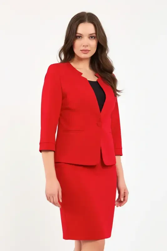 Half Sleeve Jacket Skirt Suit-RED - 3