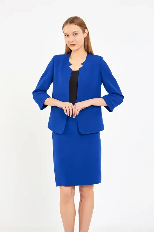 Half Sleeve Jacket Skirt Suit-SAX BLUE - 1