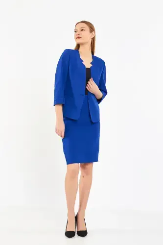 Half Sleeve Jacket Skirt Suit-SAX BLUE - 2