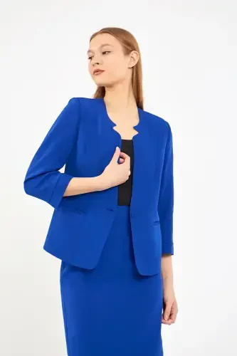Half Sleeve Jacket Skirt Suit-SAX BLUE - 3