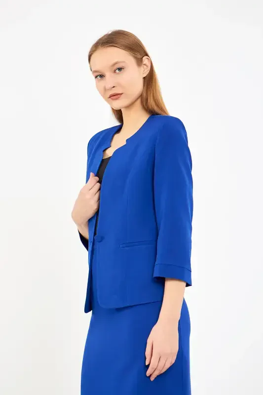 Half Sleeve Jacket Skirt Suit-SAX BLUE - 4