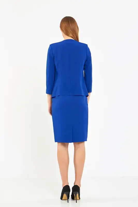 Half Sleeve Jacket Skirt Suit-SAX BLUE - 6