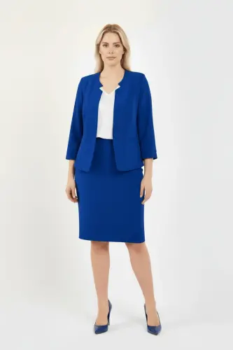Half Sleeve Jacket Skirt Suit-SAX BLUE - 1