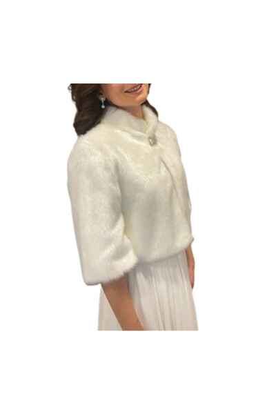 Half-Sleeved Brooch Detailed Bridal Stole Fur Bolero - 1