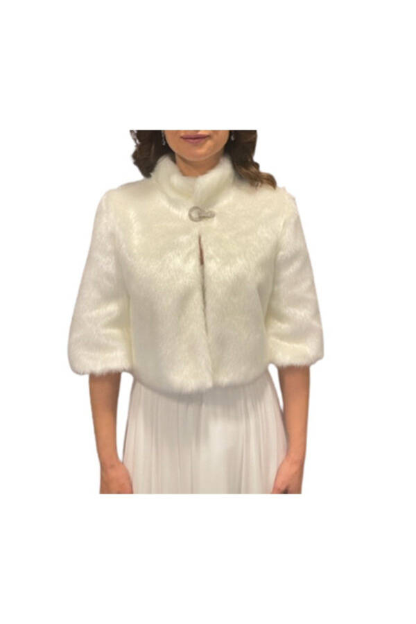 Half-Sleeved Brooch Detailed Bridal Stole Fur Bolero - 2