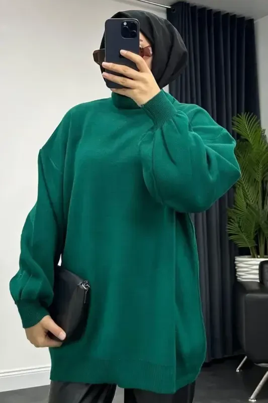 Half Turtleneck Knit Sweater Emerald-Emerald - ŞULE GIYIM