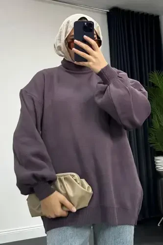 Half Turtleneck Knit Sweater Purple-Purple - ŞULE GIYIM (1)