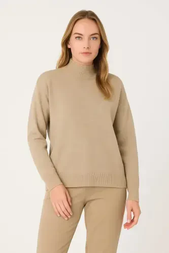 Half Turtleneck Knit Sweater Soft Texture Cotton Thin Knit, Long Sleeve Relaxed Regular Fit - Beige - 1