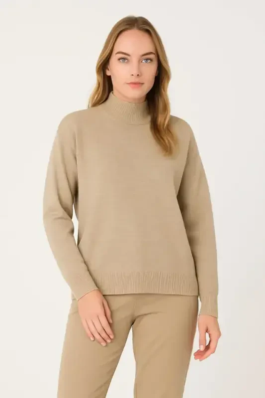 Half Turtleneck Knit Sweater Soft Texture Cotton Thin Knit, Long Sleeve Relaxed Regular Fit - Beige - 1