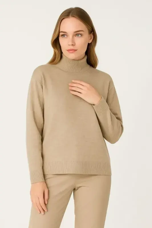 Half Turtleneck Knit Sweater Soft Texture Cotton Thin Knit, Long Sleeve Relaxed Regular Fit - Beige - 2