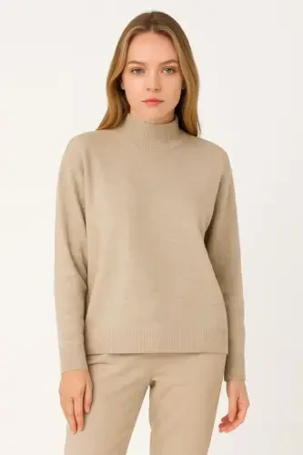 Half Turtleneck Knit Sweater Soft Texture Cotton Thin Knit, Long Sleeve Relaxed Regular Fit - Beige - 3