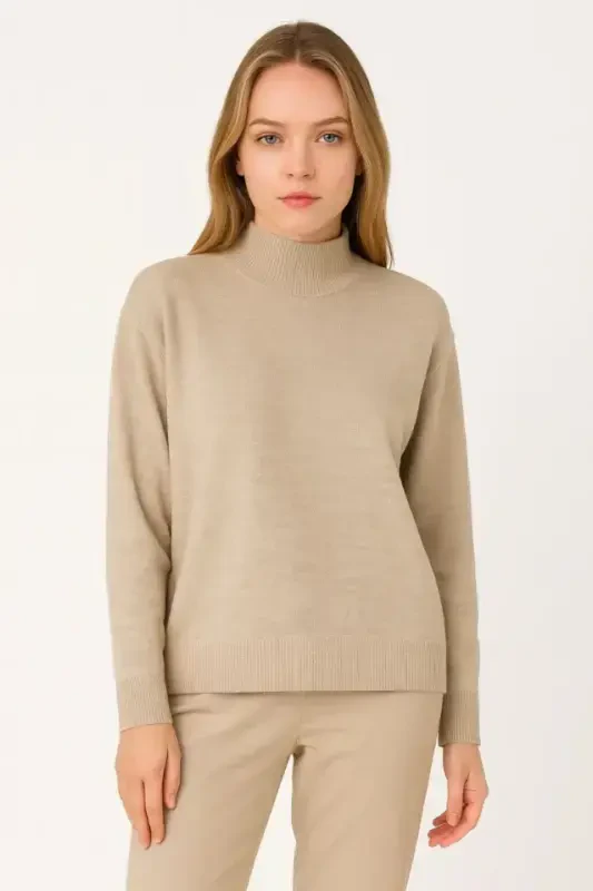 Half Turtleneck Knit Sweater Soft Texture Cotton Thin Knit, Long Sleeve Relaxed Regular Fit - Beige - 3