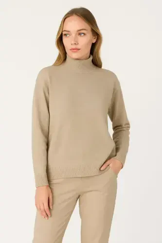 Half Turtleneck Knit Sweater Soft Texture Cotton Thin Knit, Long Sleeve Relaxed Regular Fit - Beige - 4