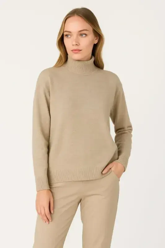 Half Turtleneck Knit Sweater Soft Texture Cotton Thin Knit, Long Sleeve Relaxed Regular Fit - Beige - 4