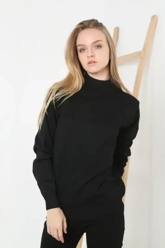 Half Turtleneck Knit Sweater Soft Touch Cotton Fine Knit, Long Sleeve Relaxed Regular Fit - Black - 3
