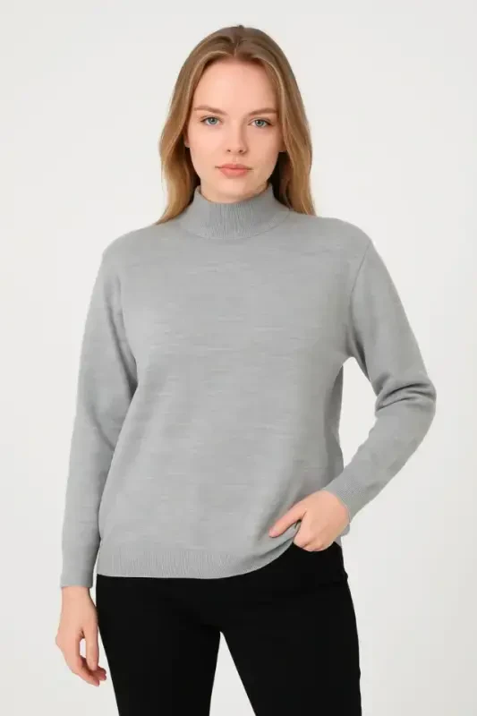 Half Turtleneck Knit Sweater Soft Touch Cotton Fine Knit, Long Sleeve Relaxed Regular Fit - Gray - 1