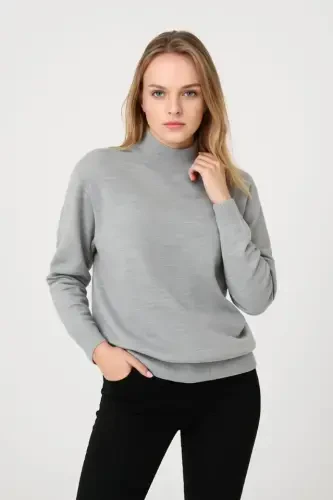 Half Turtleneck Knit Sweater Soft Touch Cotton Fine Knit, Long Sleeve Relaxed Regular Fit - Gray - BÜYÜKBEDENIZ (1)
