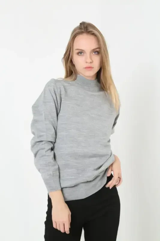 Half Turtleneck Knit Sweater Soft Touch Cotton Fine Knit, Long Sleeve Relaxed Regular Fit - Gray - 3