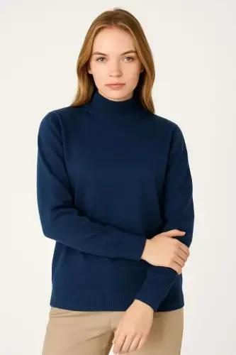 Half Turtleneck Knit Sweater Soft Touch Cotton Fine Knit, Long Sleeve Relaxed Regular Fit - Navy Blue - 1