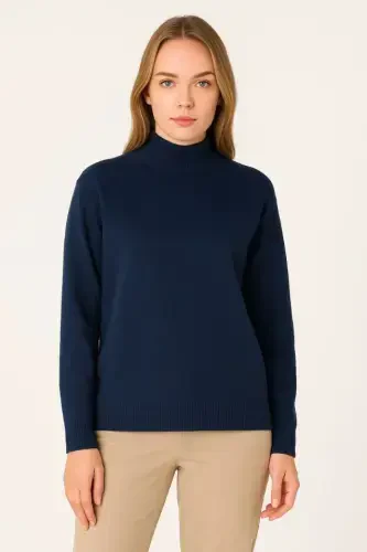 Half Turtleneck Knit Sweater Soft Touch Cotton Fine Knit, Long Sleeve Relaxed Regular Fit - Navy Blue - BÜYÜKBEDENIZ (1)