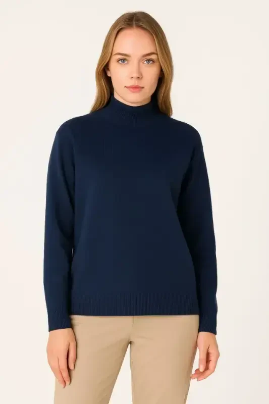 Half Turtleneck Knit Sweater Soft Touch Cotton Fine Knit, Long Sleeve Relaxed Regular Fit - Navy Blue - 2