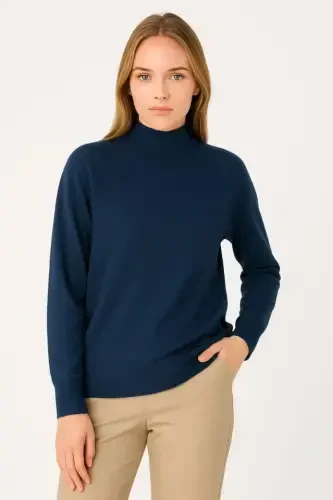 Half Turtleneck Knit Sweater Soft Touch Cotton Fine Knit, Long Sleeve Relaxed Regular Fit - Navy Blue - 3