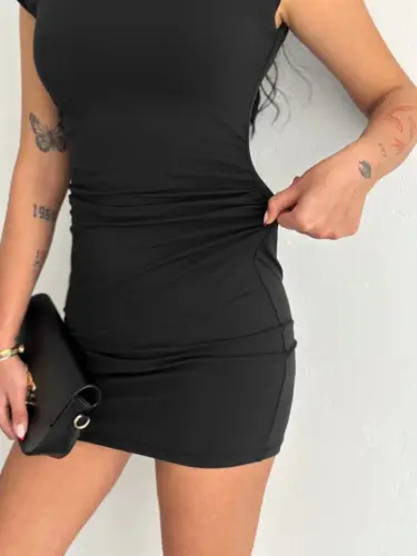 Half Turtleneck Sleeveless Mini Dress - Black - 1
