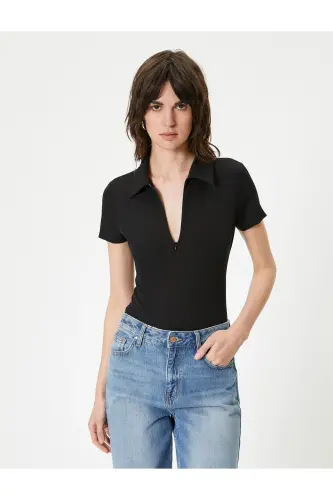 Half Zip Polo Collar Bodysuit Short Sleeve Slim - 3