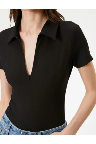 Half Zip Polo Collar Bodysuit Short Sleeve Slim - 5