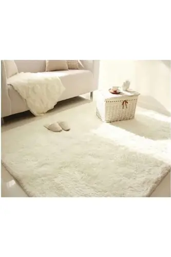 Halı Krem Tavşan Post Kaymaz Taban Kalın Peluş Halı - Yolluk - Krem 