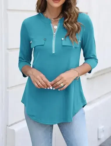 Halife Women's 3/4 Length Sleeve V Neck Flowy Tunic Blouses Work Tops Shirts with Zippers - 3