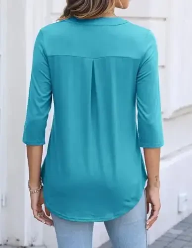 Halife Women's 3/4 Length Sleeve V Neck Flowy Tunic Blouses Work Tops Shirts with Zippers - 4
