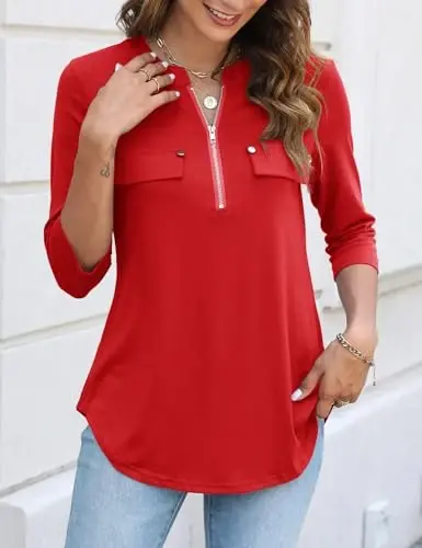 Halife Women's 3/4 Length Sleeve V Neck Flowy Tunic Blouses Work Tops Shirts with Zippers - 4