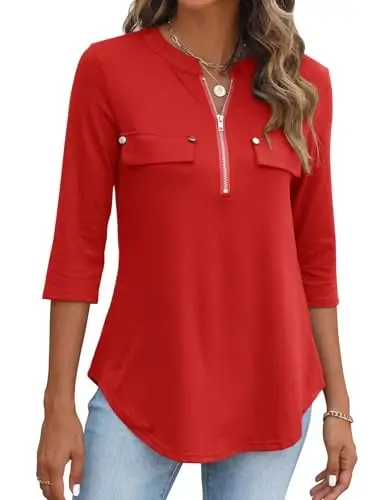 Halife Women's 3/4 Length Sleeve V Neck Zip Flowy Dressy Casual Tops Blouse - HALIFE