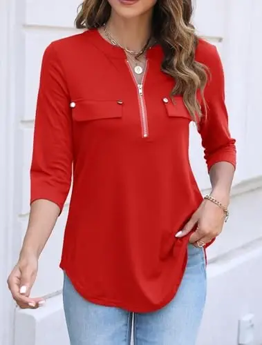 Halife Women's 3/4 Length Sleeve V Neck Zip Flowy Dressy Casual Tops Blouse - HALIFE (1)