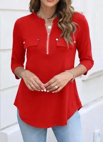 Halife Women's 3/4 Length Sleeve V Neck Flowy Tunic Blouses Work Tops Shirts with Zippers - 3
