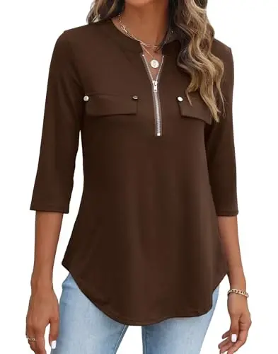 Halife Women's 3/4 Length Sleeve V Neck Flowy Tunic Blouses Work Tops Shirts with Zippers - 1