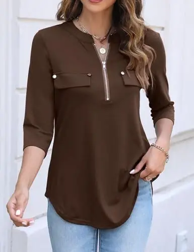 Halife Women's 3/4 Length Sleeve V Neck Flowy Tunic Blouses Work Tops Shirts with Zippers - 2