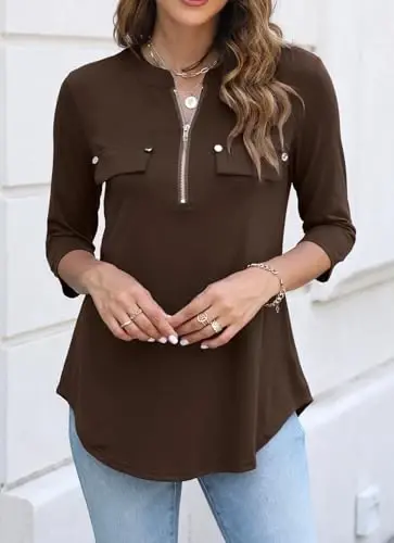 Halife Women's 3/4 Length Sleeve V Neck Flowy Tunic Blouses Work Tops Shirts with Zippers - 3