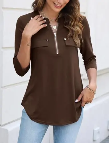 Halife Women's 3/4 Length Sleeve V Neck Flowy Tunic Blouses Work Tops Shirts with Zippers - 4
