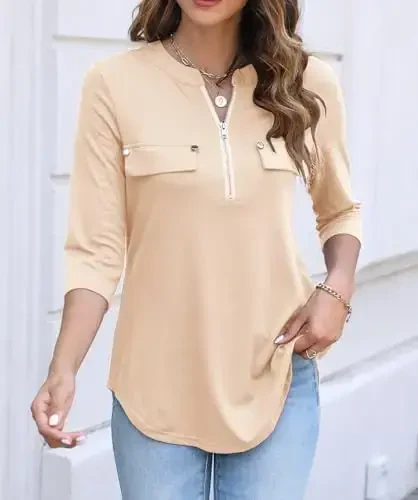 Halife Women's 3/4 Length Sleeve V Neck Flowy Tunic Blouses Work Tops Shirts with Zippers - MODAZONE (1)