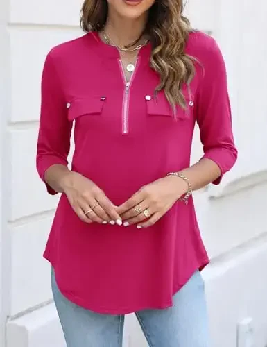 Halife Women's 3/4 Length Sleeve V Neck Flowy Tunic Blouses Work Tops Shirts with Zippers - 2