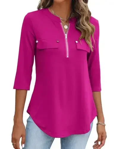 Halife Women's 3/4 Length Sleeve V Neck Flowy Tunic Blouses Work Tops Shirts with Zippers - 5