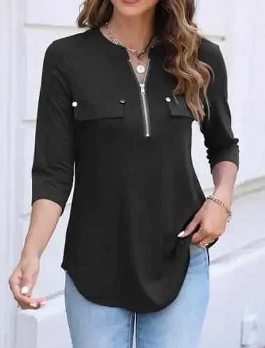 Halife Women's 3/4 Length Sleeve V Neck Flowy Tunic Blouses Work Tops Shirts with Zippers - 2